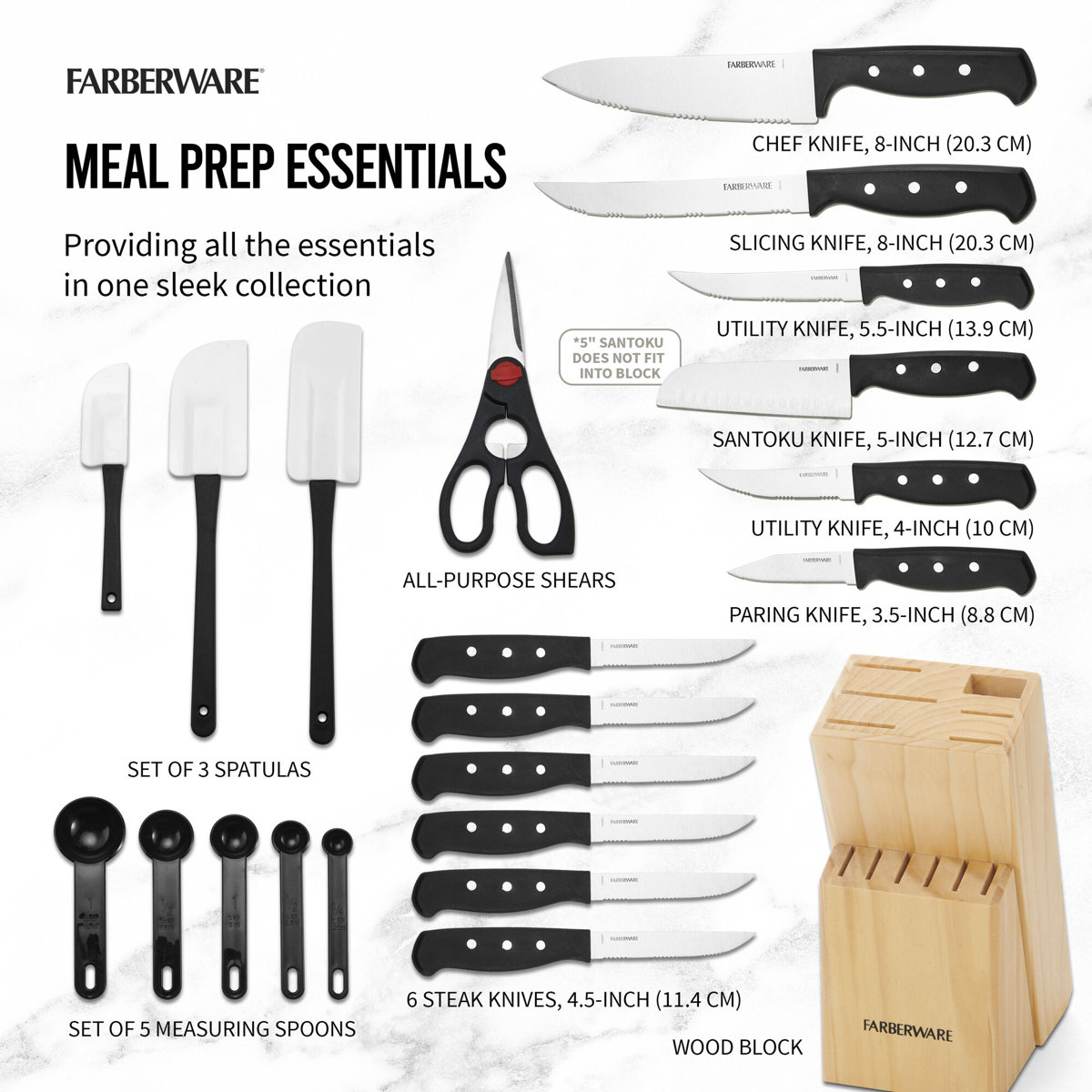 Farberware 22-Piece Never Needs Sharpening Triple Rivet Stainless Steel Knife Block and Kitchen Tool Set